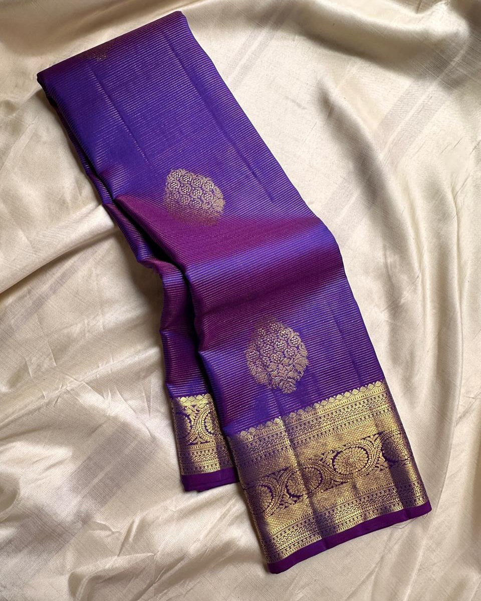 Ayushi – Purple Banarasi Soft Silk Saree with Gold Zari Butti & Heritage Border