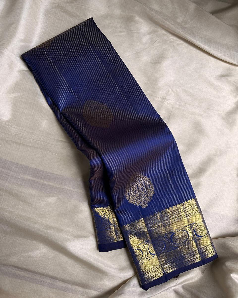 Ayushi – Royal Blue Banarasi Soft Silk Saree with Gold Zari Butti & Classic Border