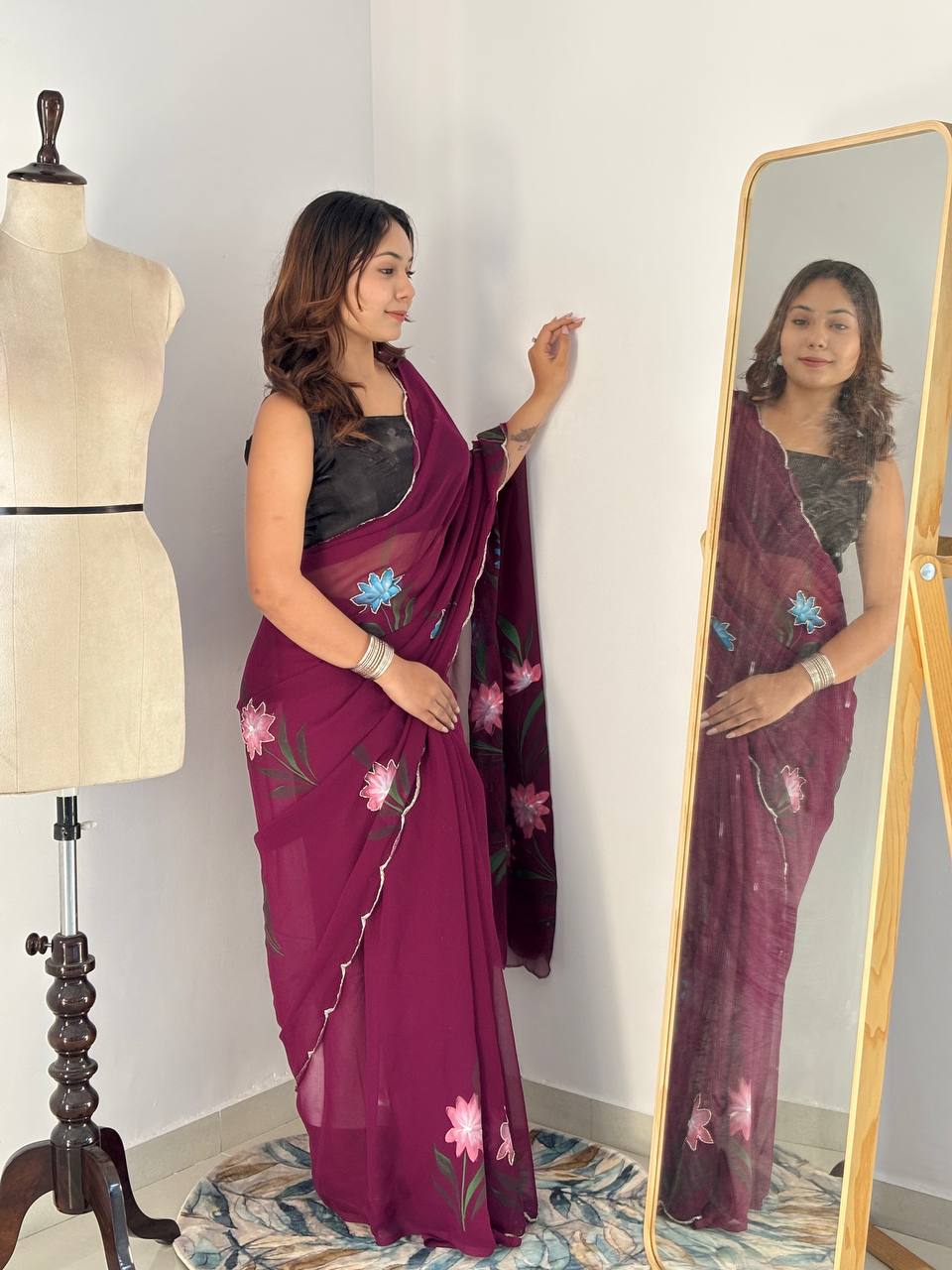 Celebrity Style Handpainted Wine Georgette Saree with Cut Dana Khatali Work