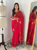 Celebrity Style Ruby Red Handpainted Georgette Saree with Cut Dana Khatali Work