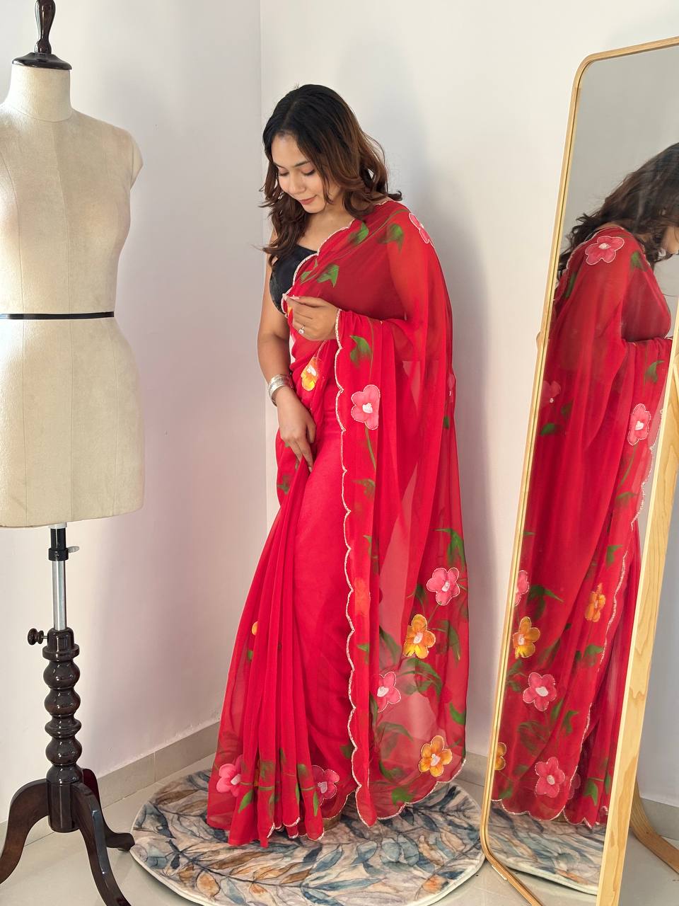 Celebrity Style Ruby Red Handpainted Georgette Saree with Cut Dana Khatali Work