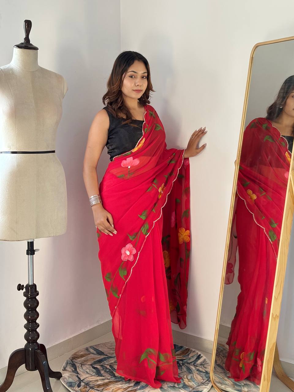 Celebrity Style Ruby Red Handpainted Georgette Saree with Cut Dana Khatali Work