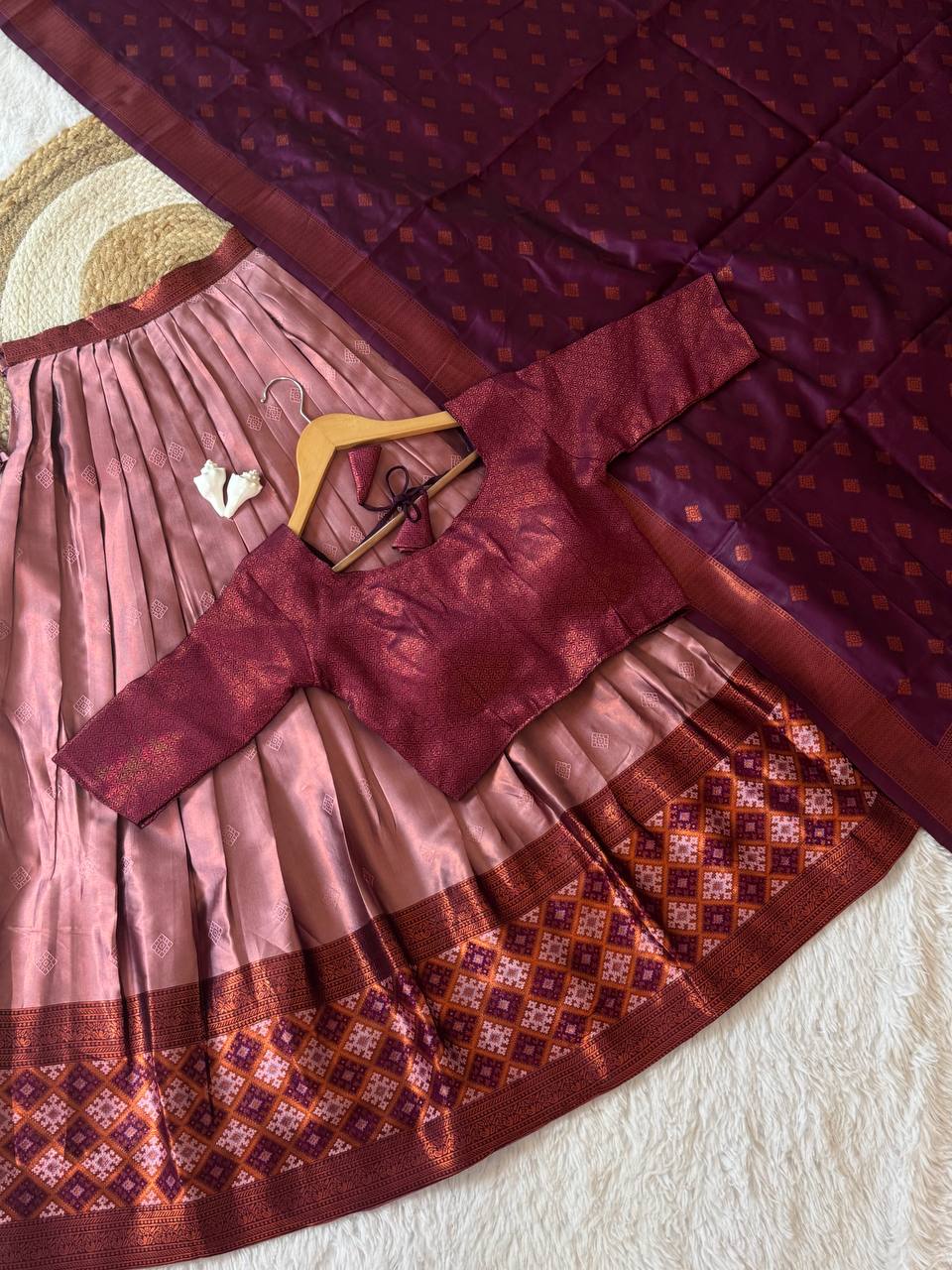 Dusty Rose Kanjiveram Silk Half Saree with Wine Zari Dupatta