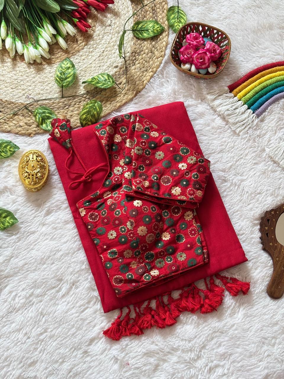 Crimson Red Mull Cotton Saree with Floral Brocade Blouse & Tassels