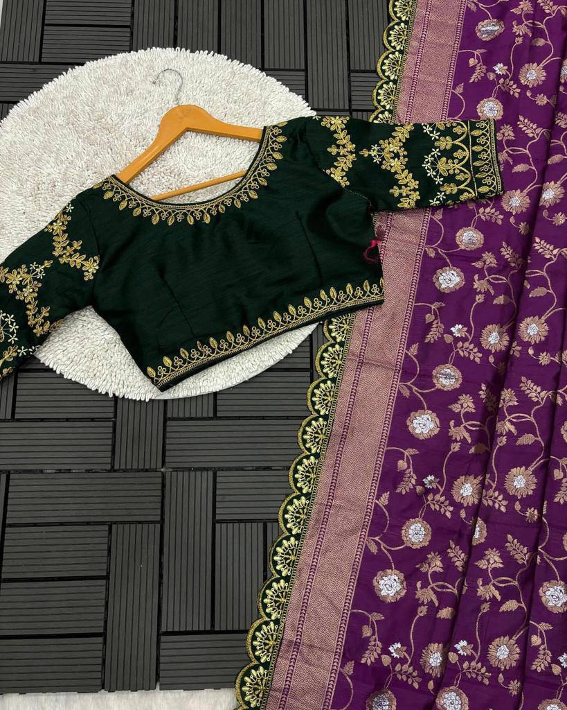 Royal Purple Zari Mina Work Saree with Dark Green Embroidered Stitched Blouse