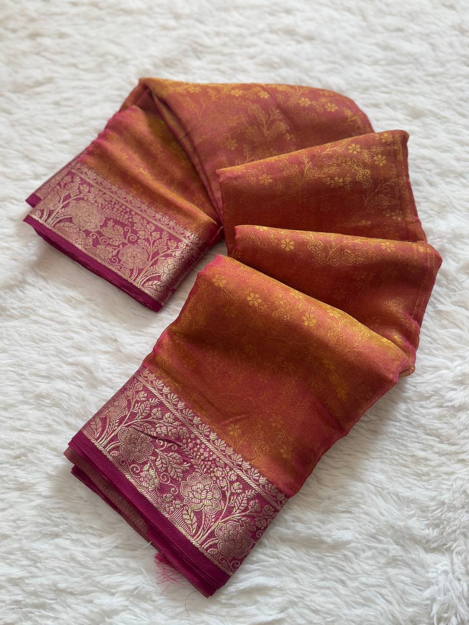 Sunset Orange Space Silk Saree with Pure Zari Border & Rich Zari Pallu