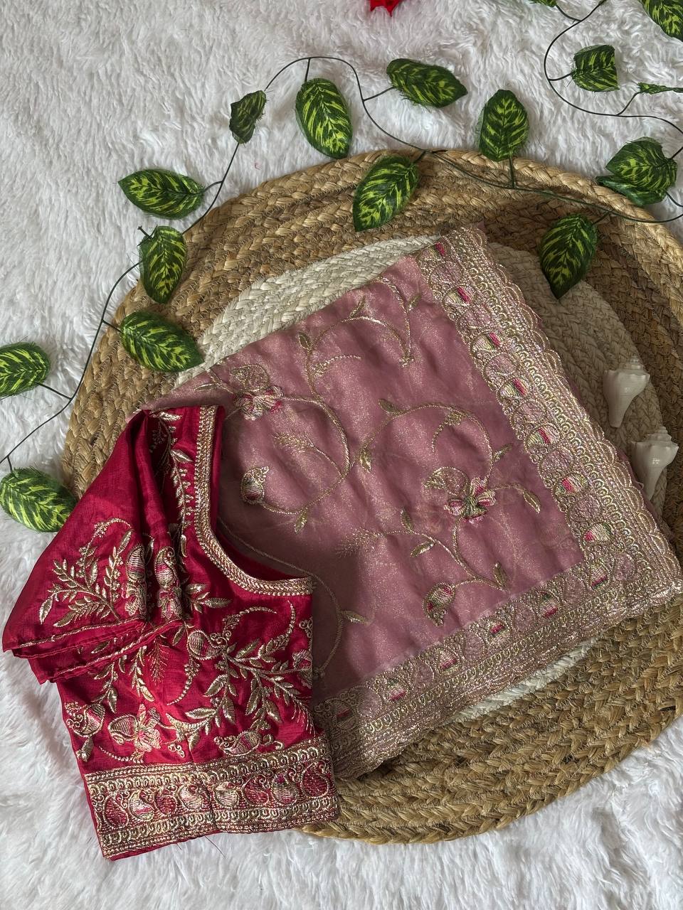 Dusty Rose Skuba Satin Wedding Saree with Zari Meena Embroidery and Stitched Blouse