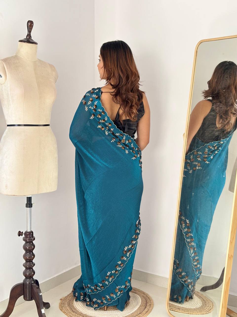 Teal Blue Fendy Chiffon Party Wear Saree with Diamond Cut Dana Zarkhand Work
