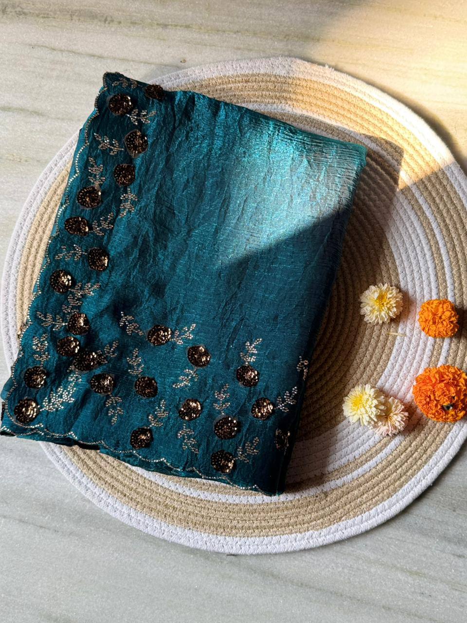 Teal Blue Fendy Chiffon Party Wear Saree with Diamond Cut Dana Zarkhand Work