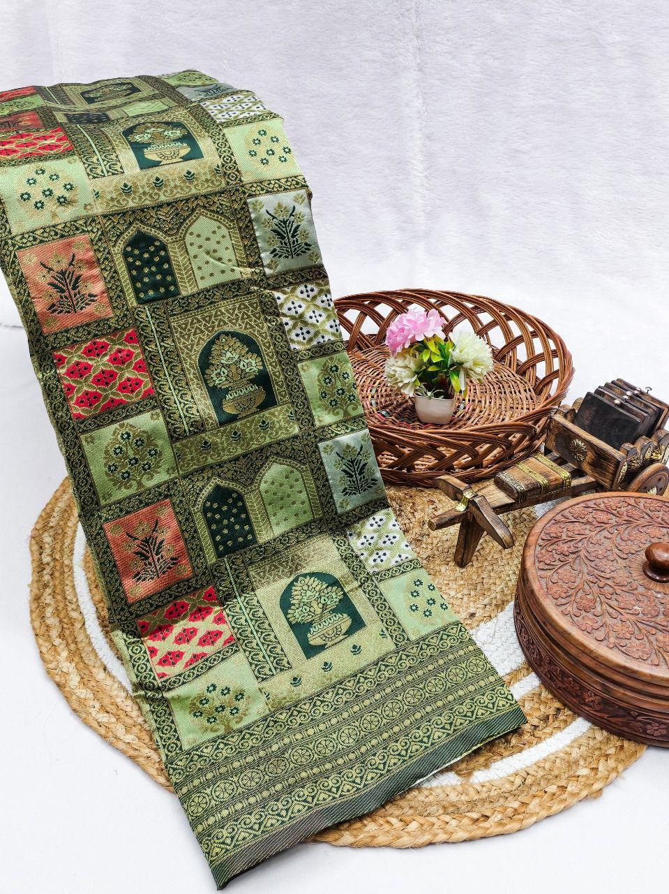 Sabita – Olive Green Banarasi Soft Silk Saree with Patchwork Zari Weave & Rich Pallu