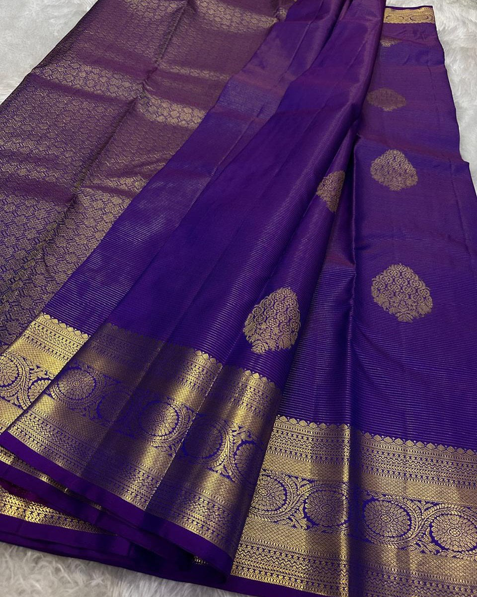 Ayushi – Purple Banarasi Soft Silk Saree with Gold Zari Butti & Heritage Border