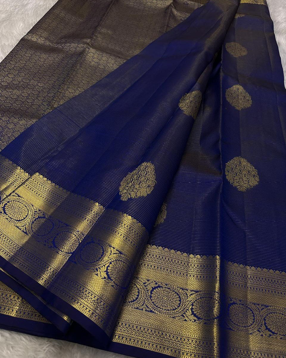 Ayushi – Royal Blue Banarasi Soft Silk Saree with Gold Zari Butti & Classic Border