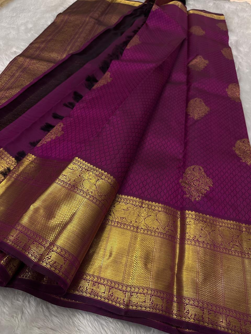 Dakshayani – Rani Pink Banarasi Soft Silk Saree with Gold Zari Butti & Temple Border