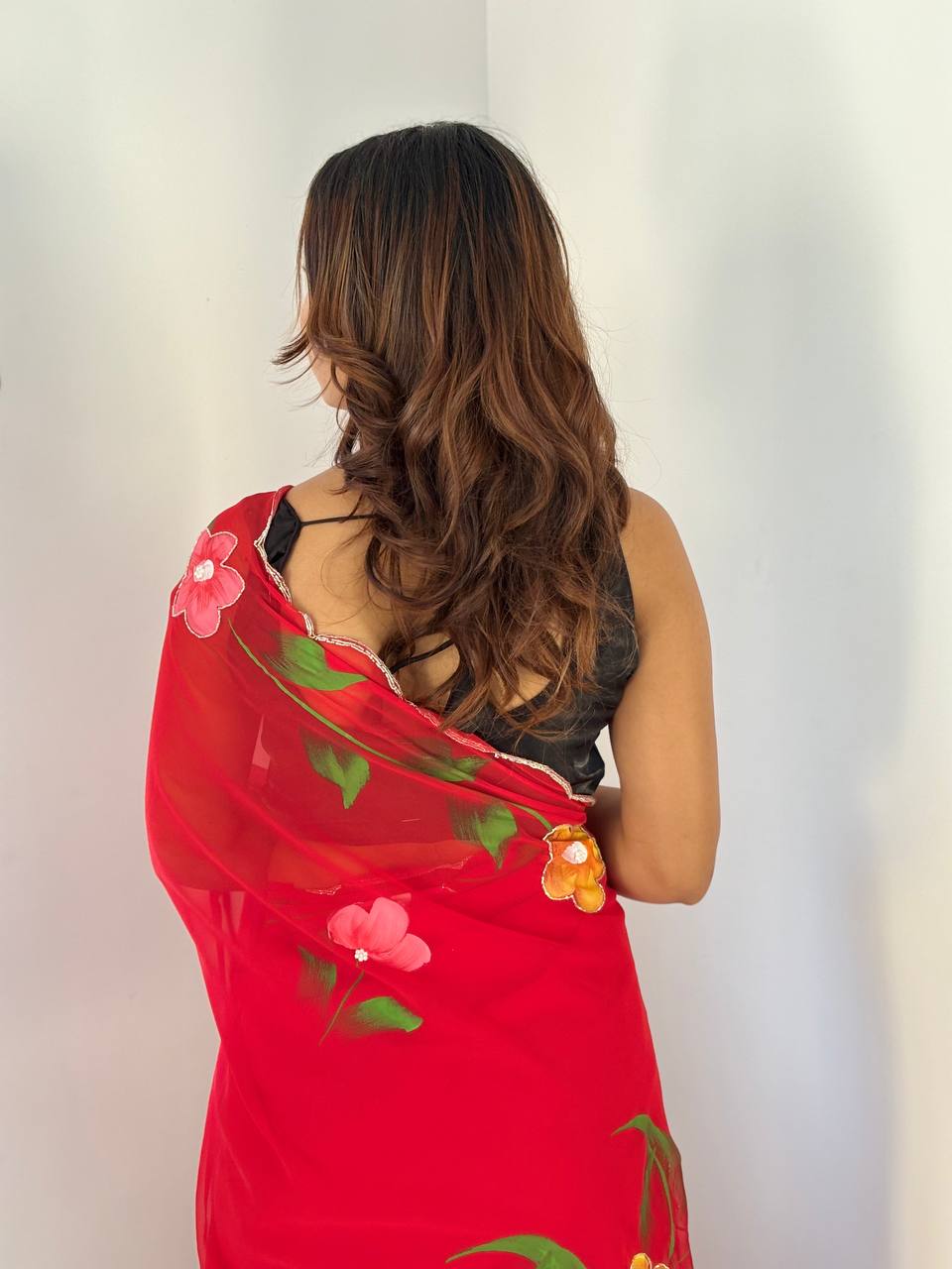 Celebrity Style Ruby Red Handpainted Georgette Saree with Cut Dana Khatali Work