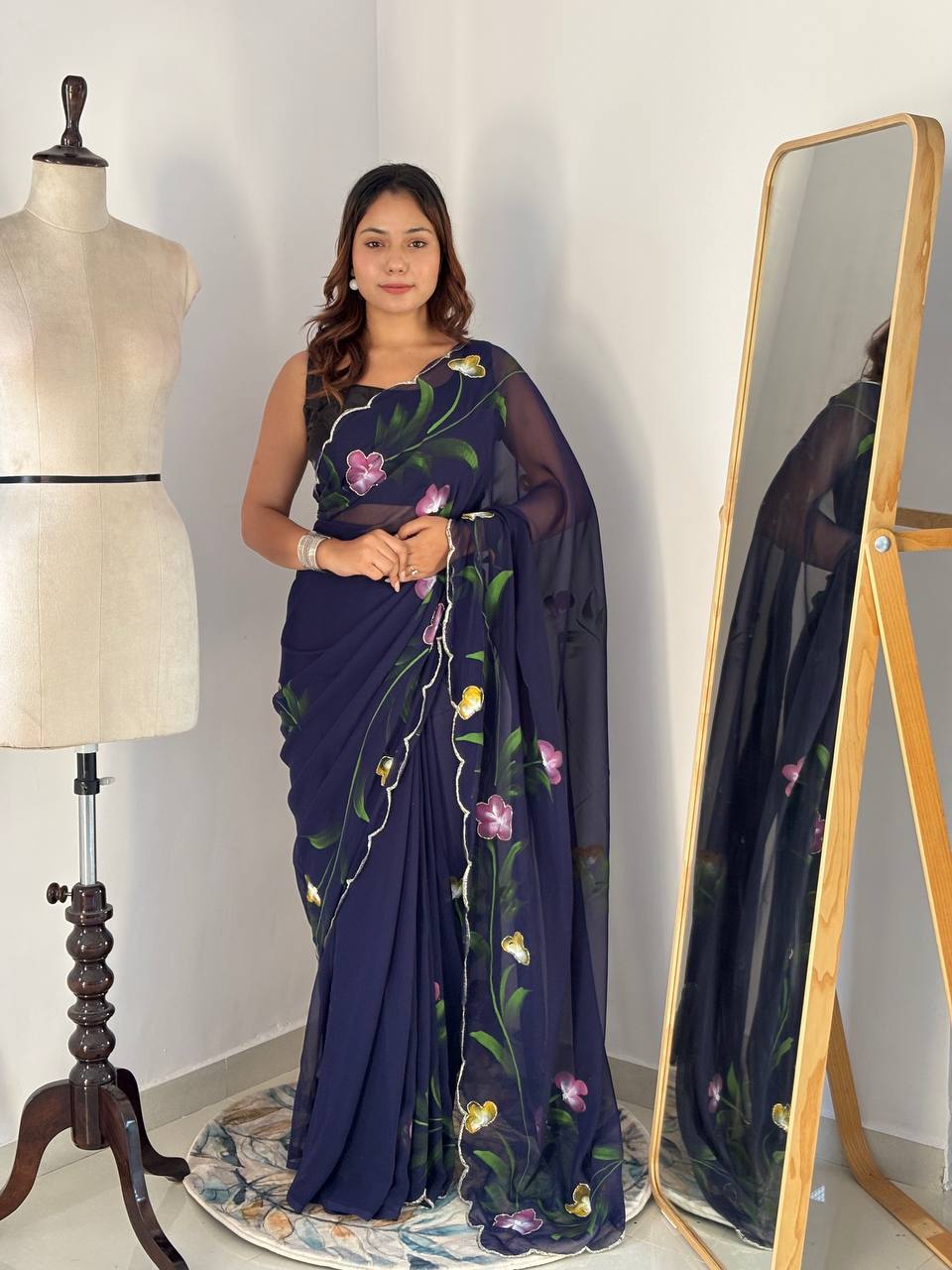 Celebrity Style Handpainted Navy Blue Georgette Saree with Cut Dana Khatali Work