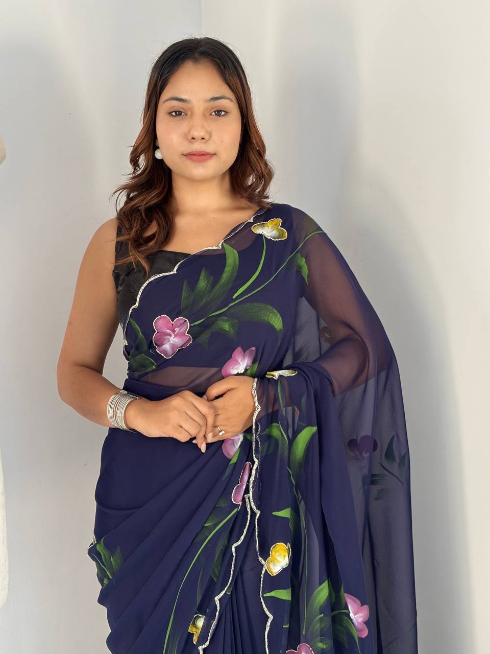 Celebrity Style Handpainted Navy Blue Georgette Saree with Cut Dana Khatali Work
