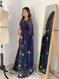 Celebrity Style Handpainted Navy Blue Georgette Saree with Cut Dana Khatali Work