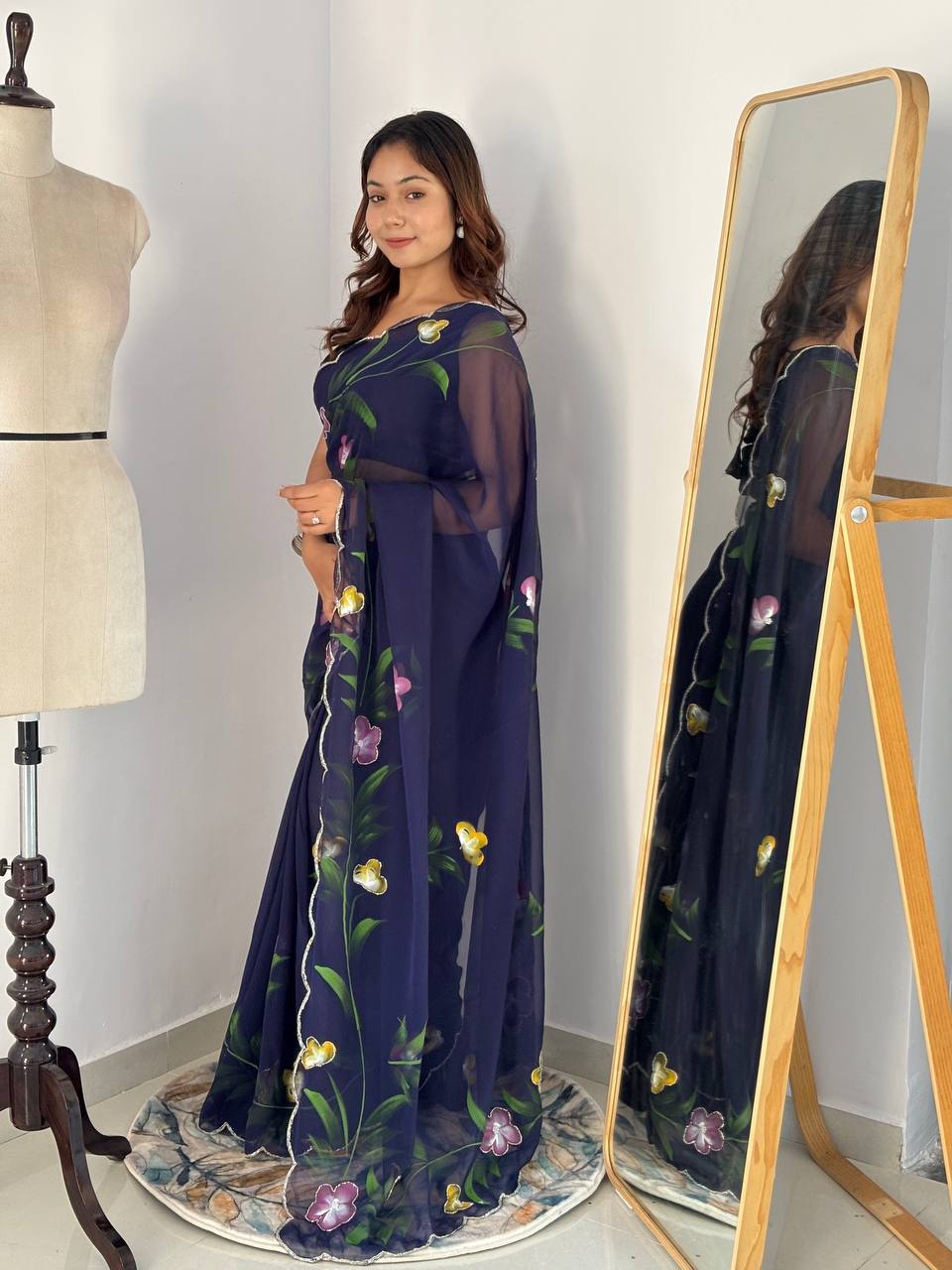 Celebrity Style Handpainted Navy Blue Georgette Saree with Cut Dana Khatali Work
