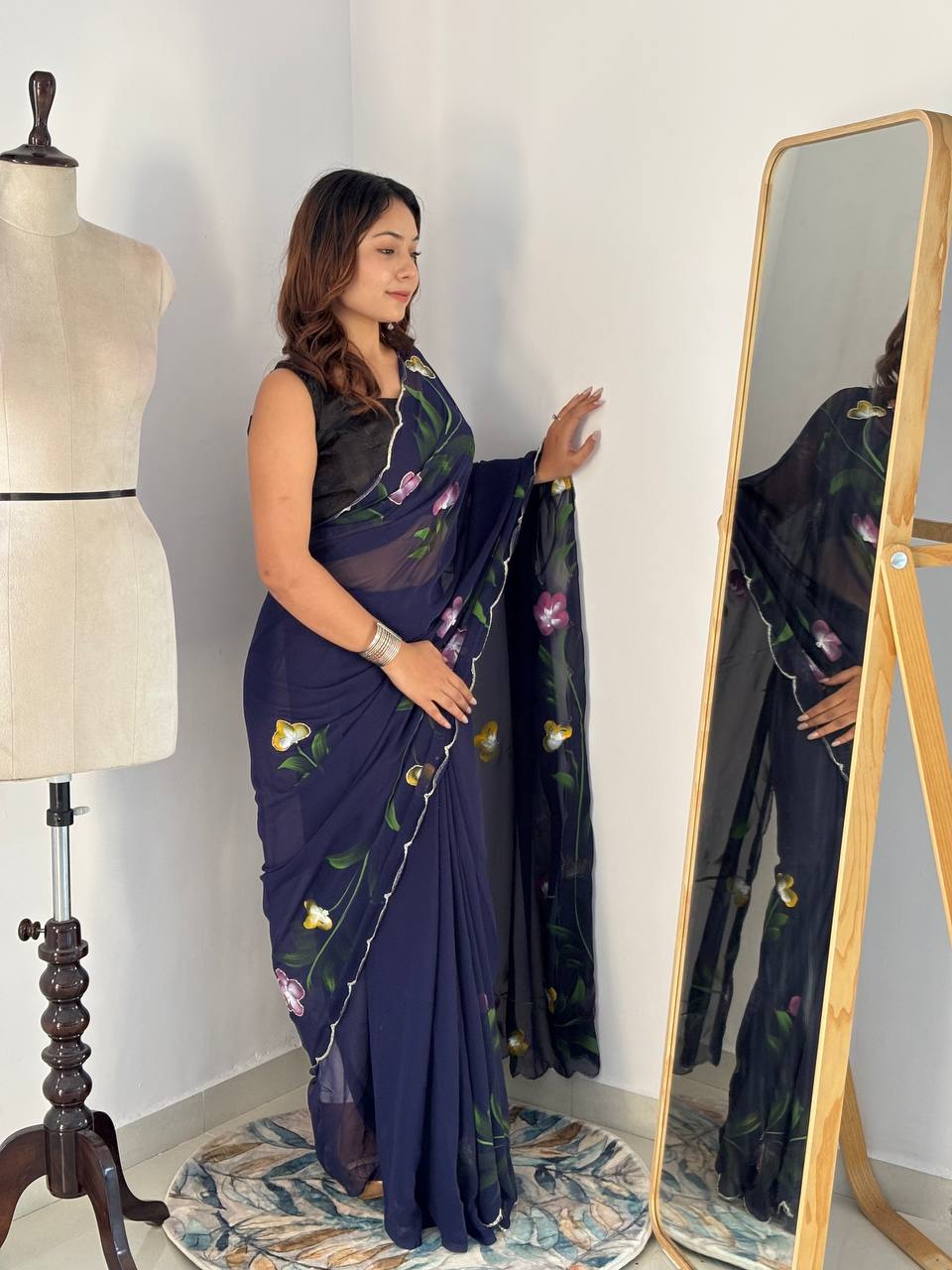 Celebrity Style Handpainted Navy Blue Georgette Saree with Cut Dana Khatali Work