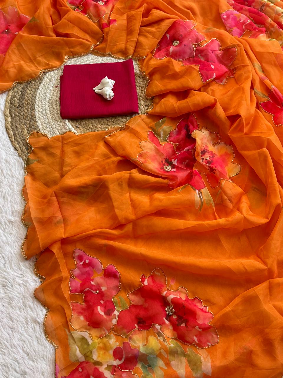 Mustard Orange Soft Tabi Organza Saree with Floral Cut Dana Handwork