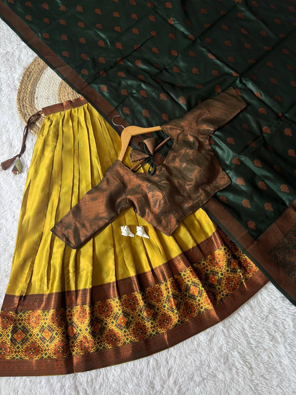 Mustard Yellow Kanjiveram Silk Half Saree with Green Zari Dupatta