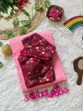 Blush Pink Mull Cotton Saree with Pink Tassels & Maroon Floral Brocade Blouse