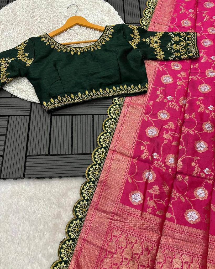 Rose Pink Zari Mina Work Saree with Dark Green Embroidered Stitched Blouse