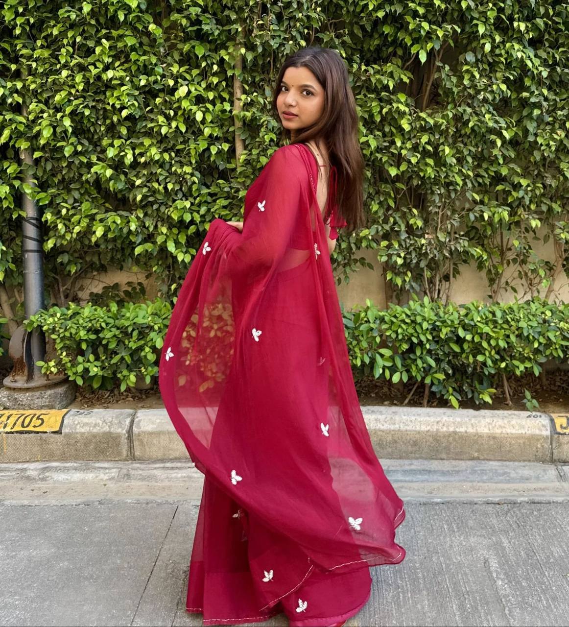 Wine Red Handwork Cut Dana Georgette Dinner Saree with Silver Border