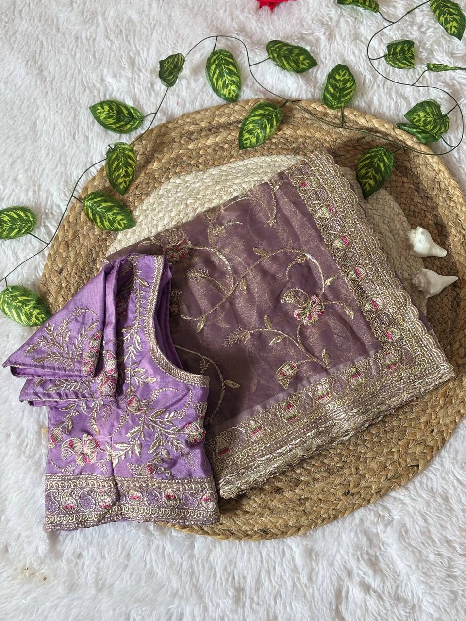 Lavender Skuba Satin Wedding Saree with Zari Meena Embroidery and Stitched Blouse