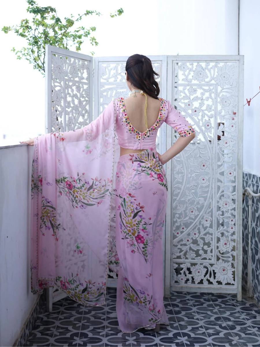 Soft Pink Tabi Organza Celebrity Style Saree with Floral Handwork