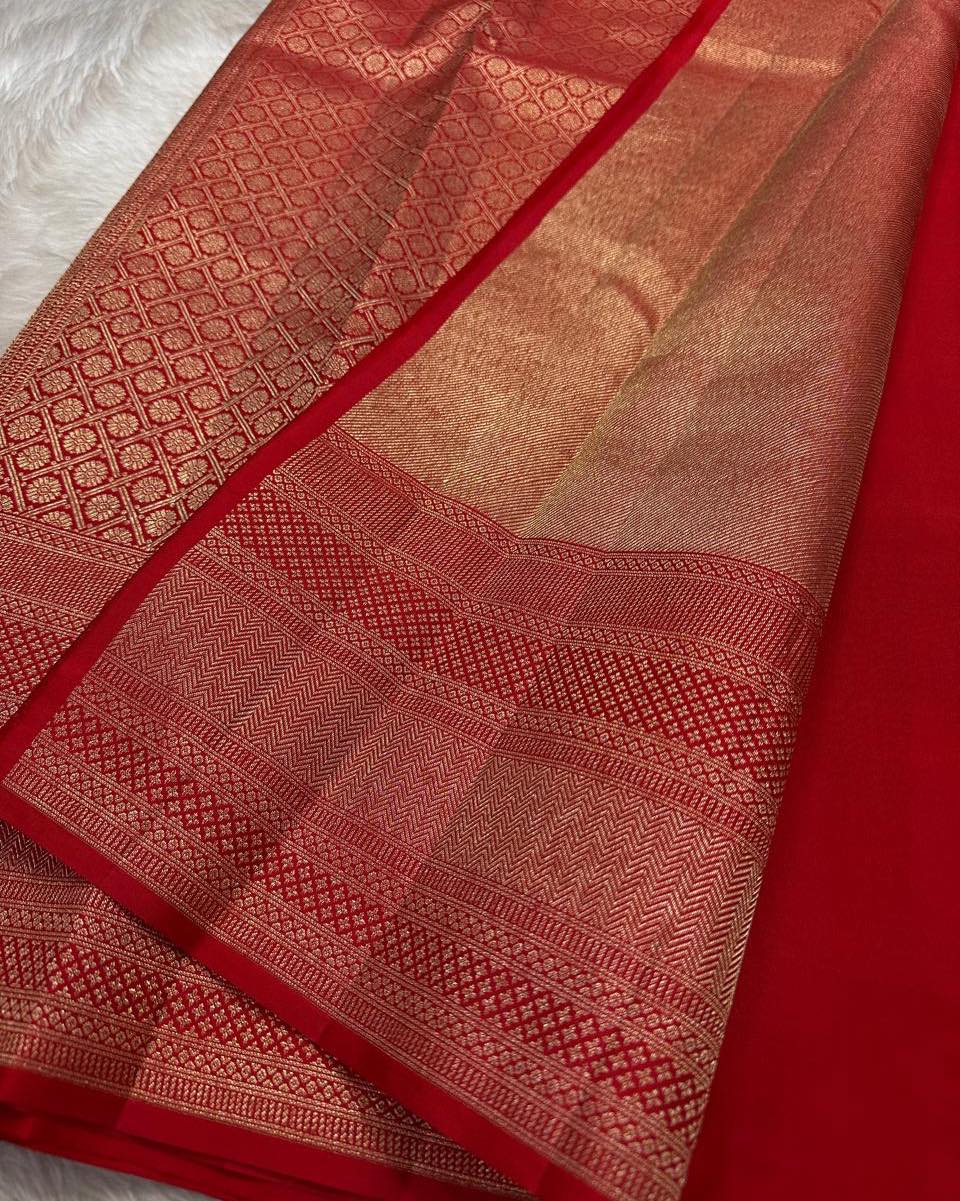 Aruna – Bridal Red Banarasi Soft Silk Saree with Allover Zari Weave & Grand Border