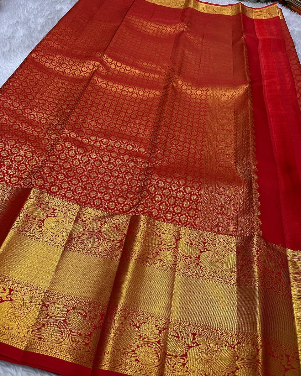 Shruti – Vermilion Red Banarasi Soft Silk Saree with Gold Butti & Regal Peacock Border