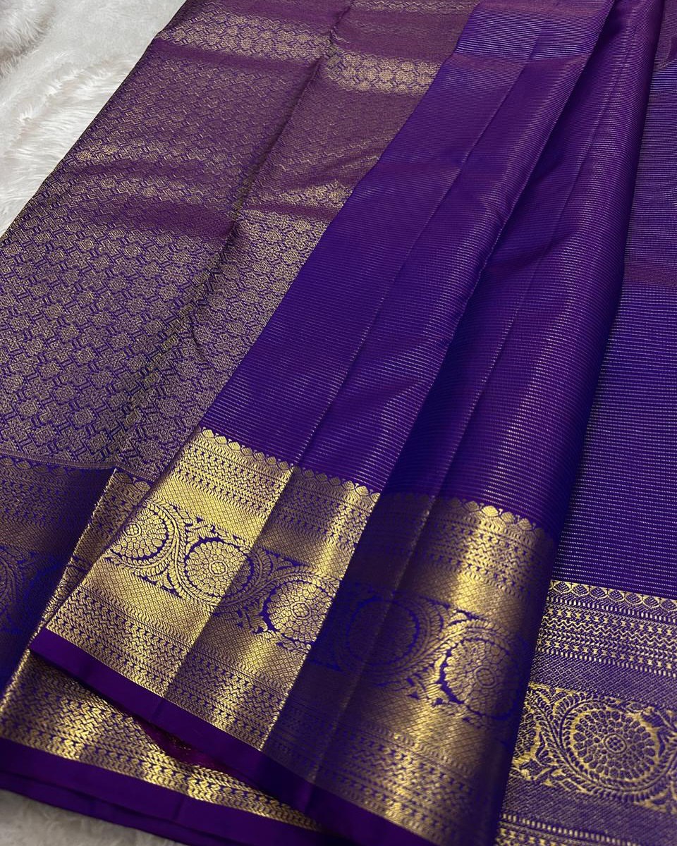 Ayushi – Purple Banarasi Soft Silk Saree with Gold Zari Butti & Heritage Border