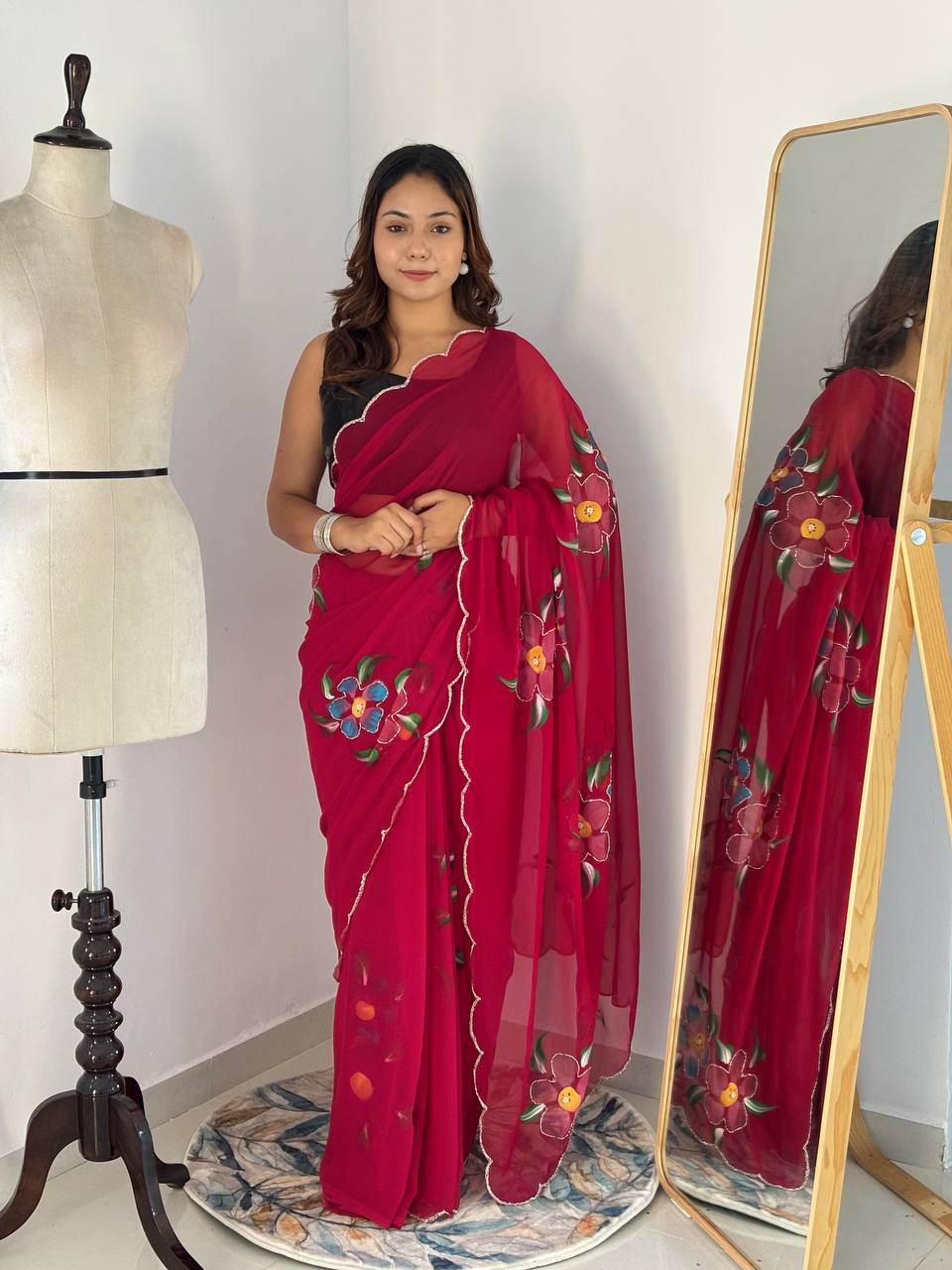 Celebrity Style Handpainted Floral Georgette Saree with Cut Dana Khatali Work