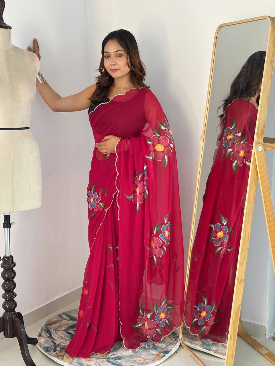 Celebrity Style Handpainted Floral Georgette Saree with Cut Dana Khatali Work