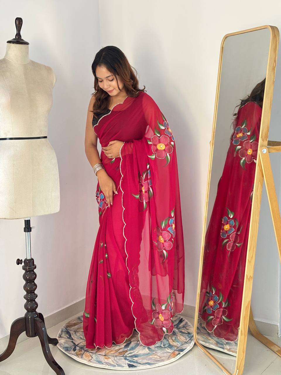 Celebrity Style Handpainted Floral Georgette Saree with Cut Dana Khatali Work