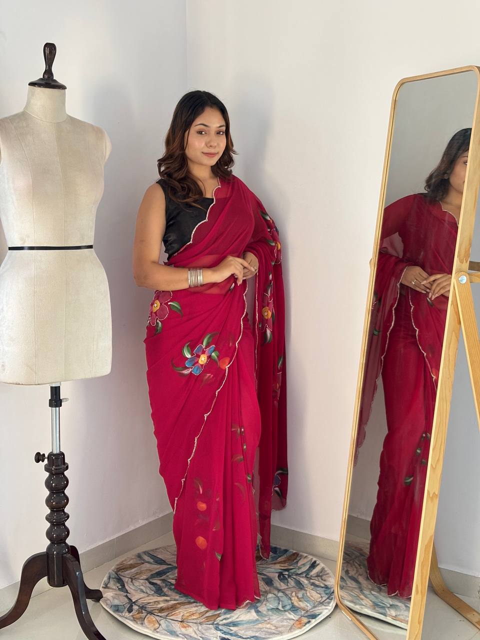 Celebrity Style Handpainted Floral Georgette Saree with Cut Dana Khatali Work