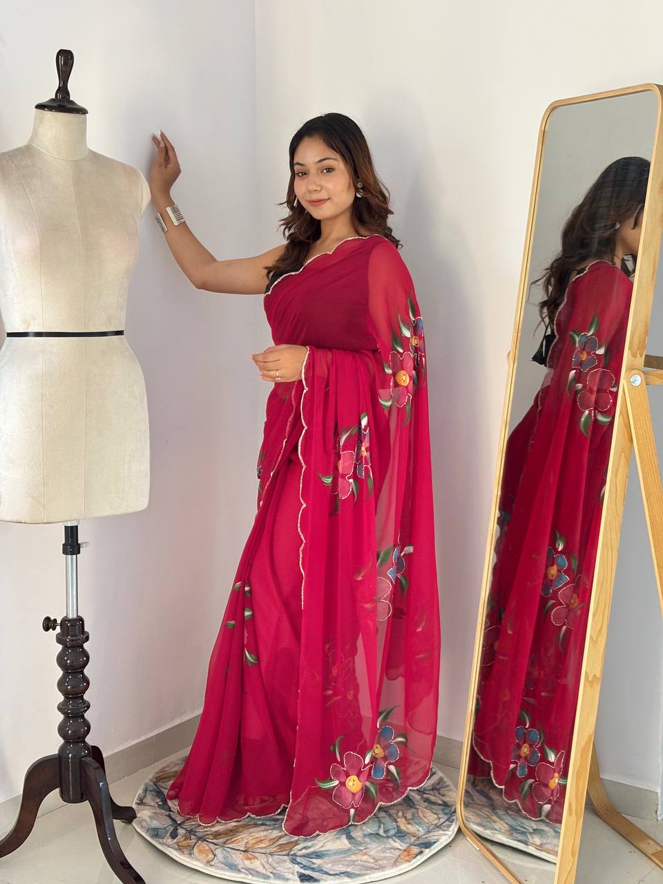 Celebrity Style Handpainted Floral Georgette Saree with Cut Dana Khatali Work