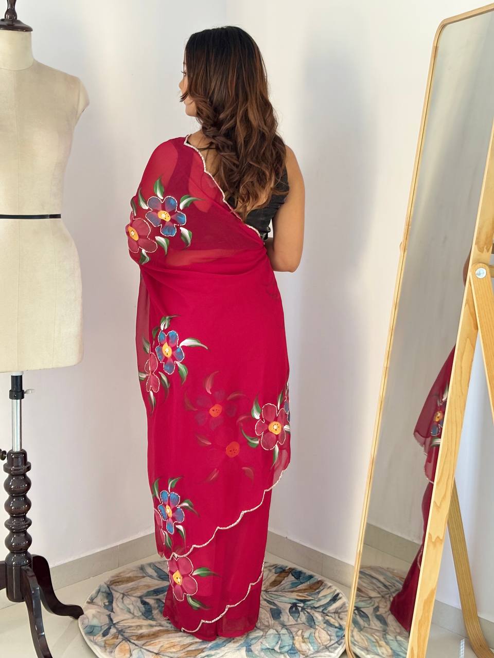Celebrity Style Handpainted Floral Georgette Saree with Cut Dana Khatali Work