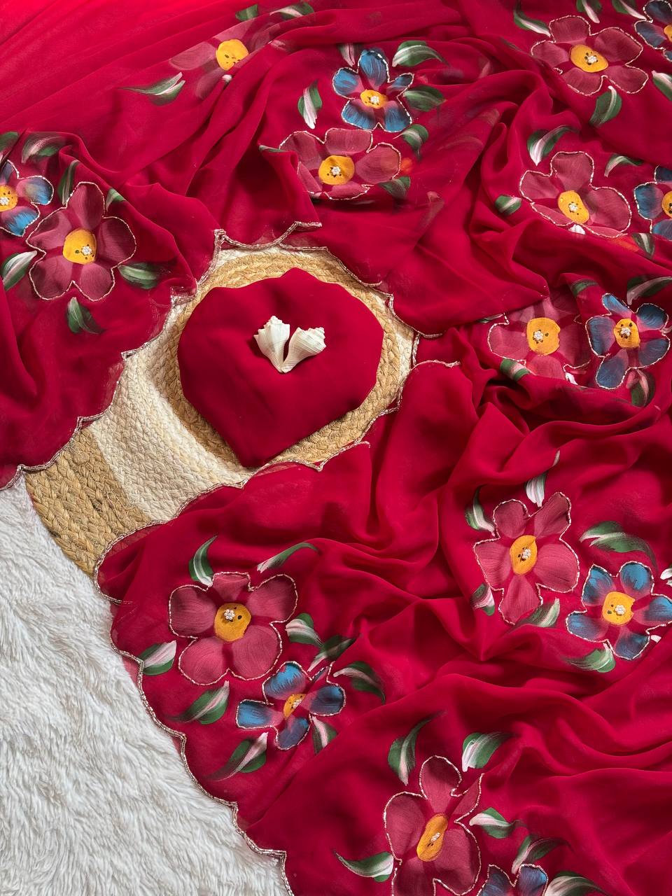 Celebrity Style Ruby Red Handpainted Georgette Saree with Cut Dana Khatali Work