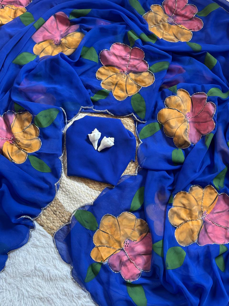 Celebrity Style Royal Blue Handpainted Georgette Saree with Cut Dana Khatali Work