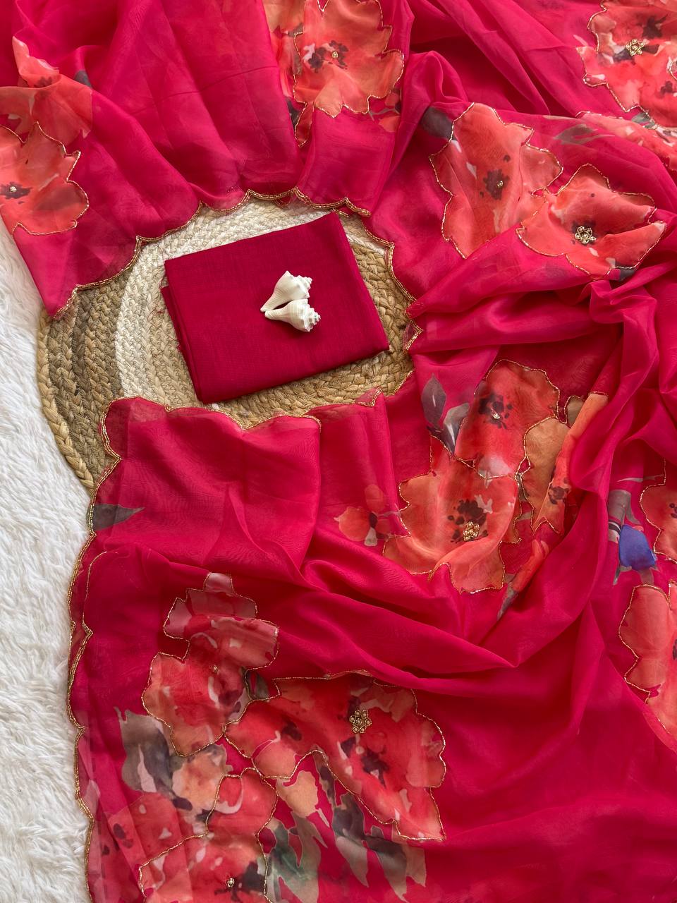 Rani Pink Soft Tabi Organza Saree with Floral Cut Dana Handwork