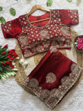 Wine Red Satin Saree with Heavy Embroidered Border & Stitched Blouse