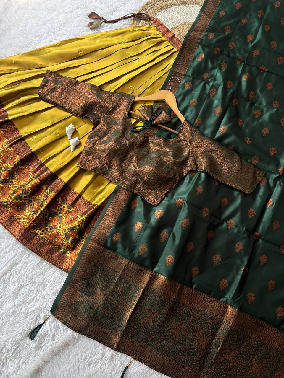 Mustard Yellow Kanjiveram Silk Half Saree with Green Zari Dupatta