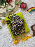 Lime Green Mull Cotton Saree with Yellow Tassels & Navy Floral Brocade Blouse