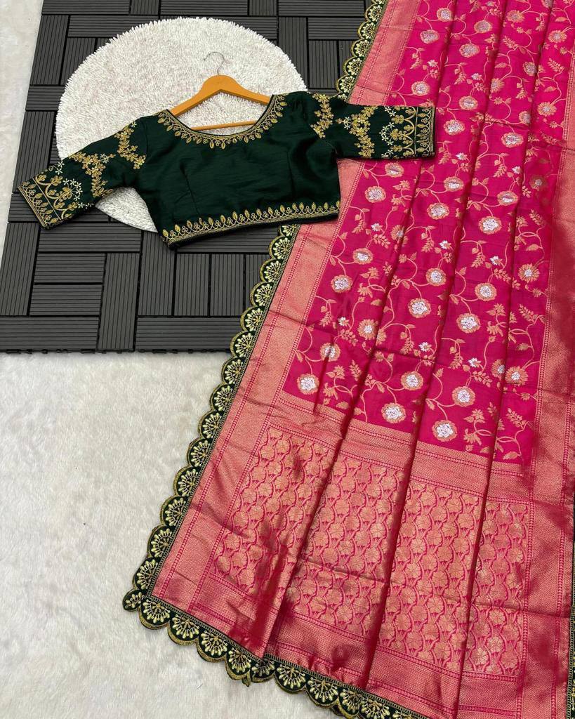 Rose Pink Zari Mina Work Saree with Dark Green Embroidered Stitched Blouse
