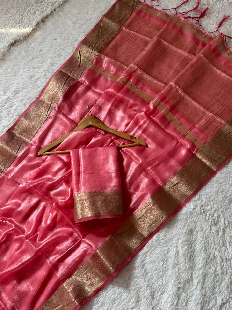 Rose Pink Super Shine Space Silk Saree with Pure Zari Belt Border