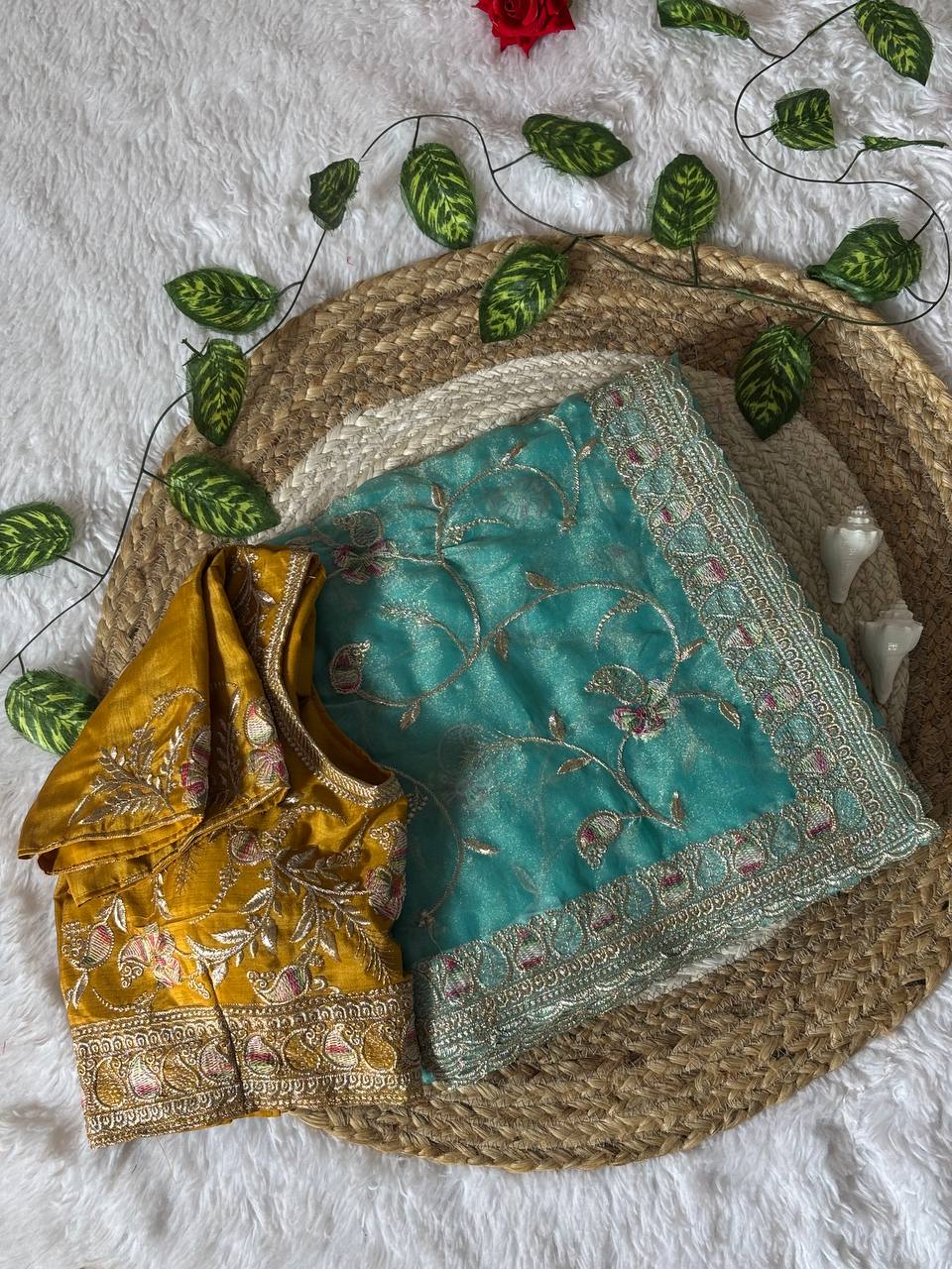 Sea Green NC Satin Wedding Saree with Rich Zari Meena Embroidery and Stitched Blouse