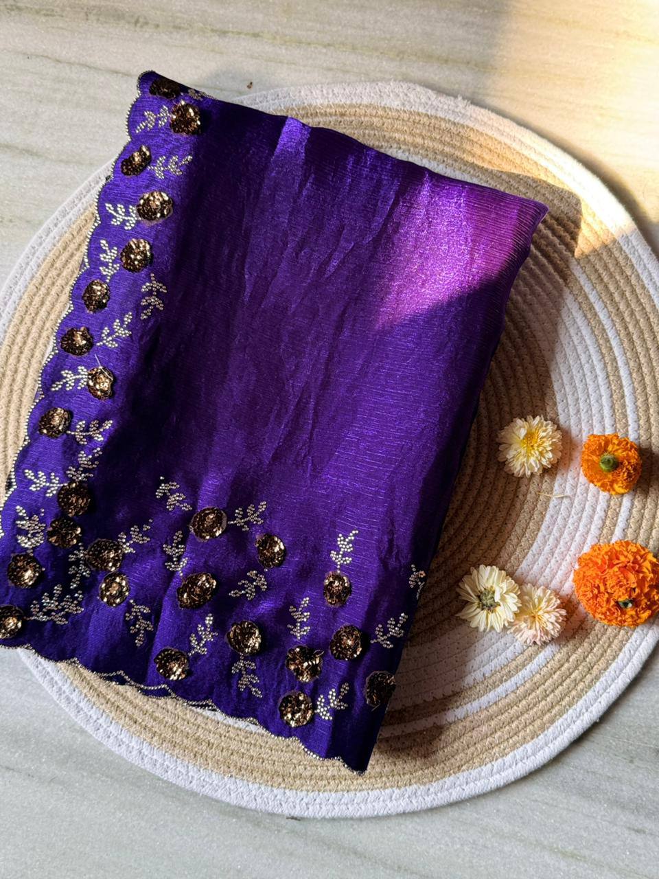 Royal Purple Fendy Chiffon Saree with Zarkhand Diamond Cut Dana Handwork