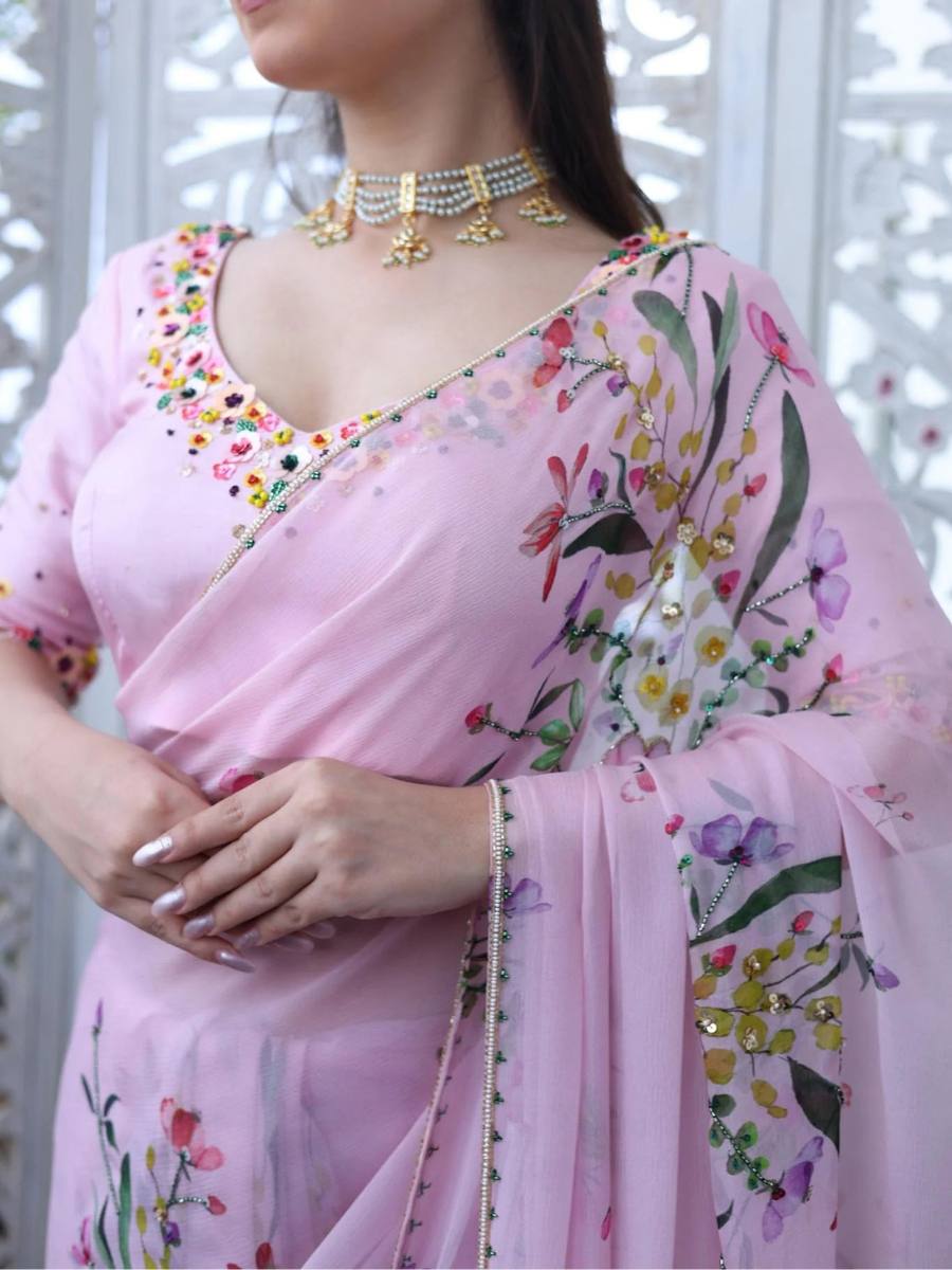 Soft Pink Tabi Organza Celebrity Style Saree with Floral Handwork